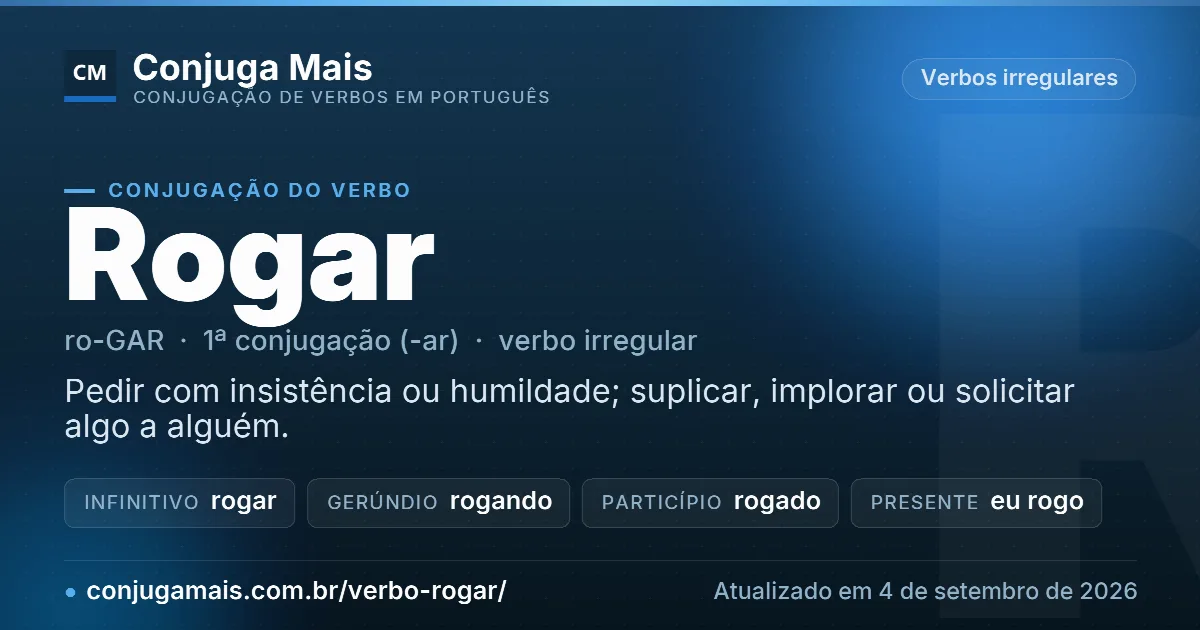 Cartão do verbo rogar com definição, formas principais, endereço da página e data de atualização.