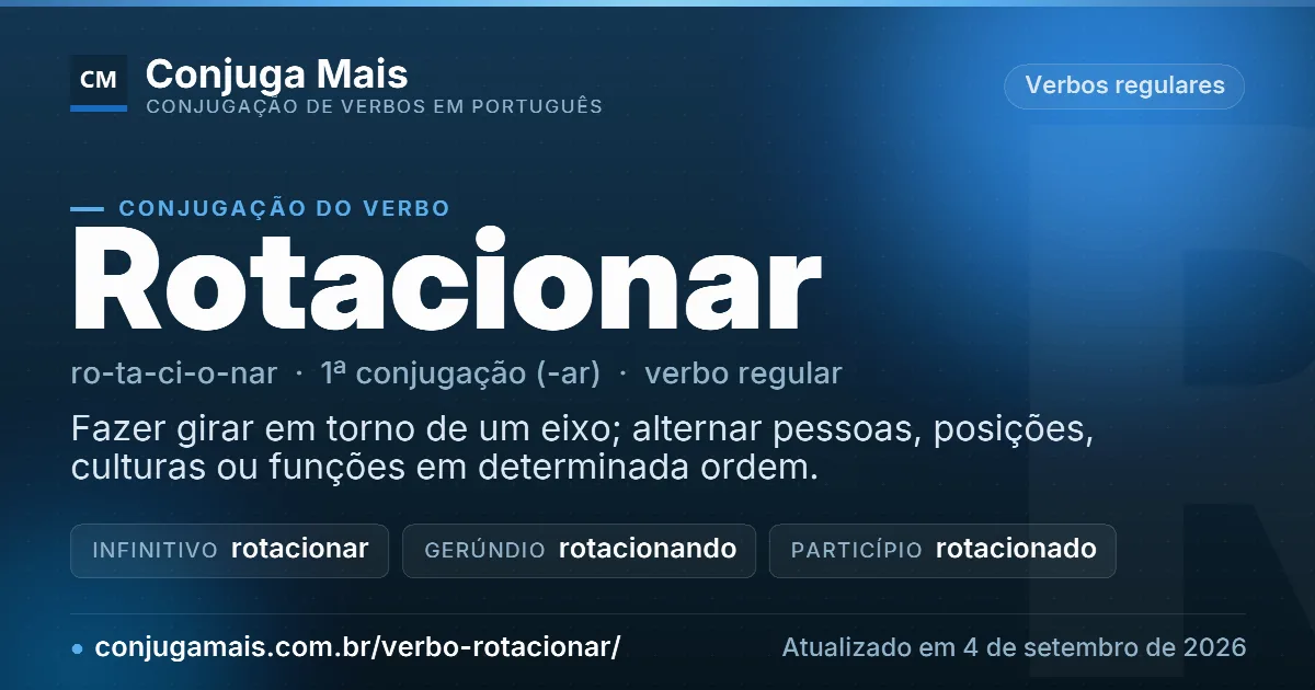 Cartão do verbo rotacionar com definição, formas principais, endereço da página e data de atualização.