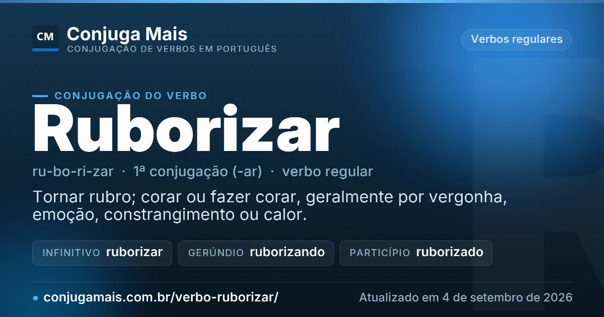 Cartão do verbo ruborizar com definição, formas principais, endereço da página e data de atualização.