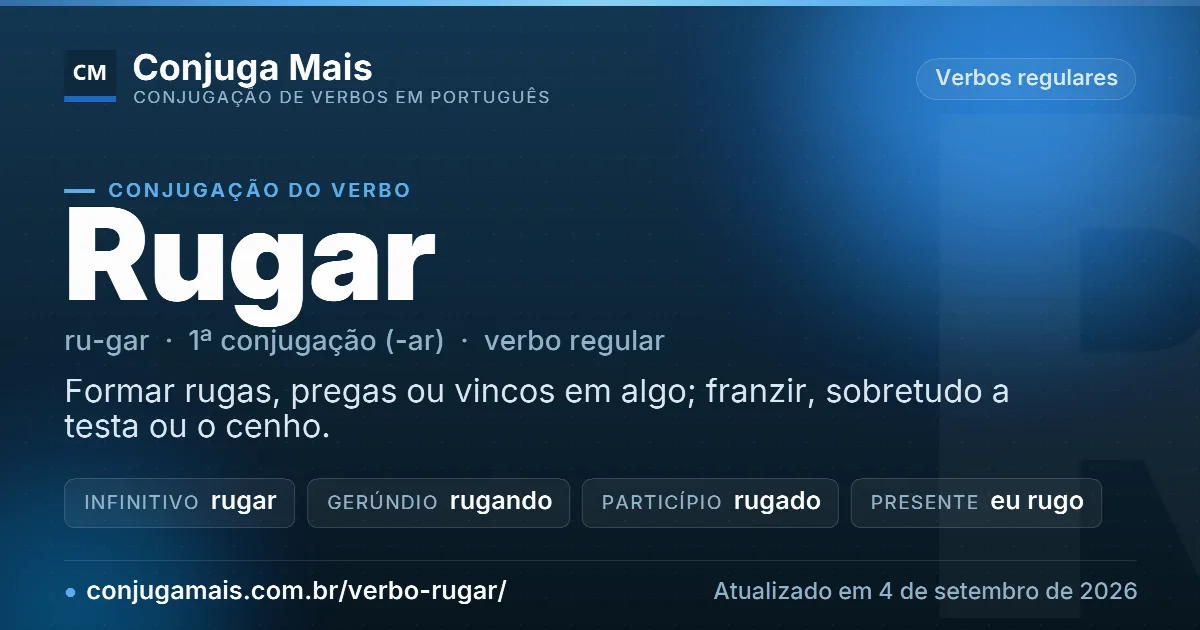 Cartão do verbo rugar com definição, formas principais, endereço da página e data de atualização.