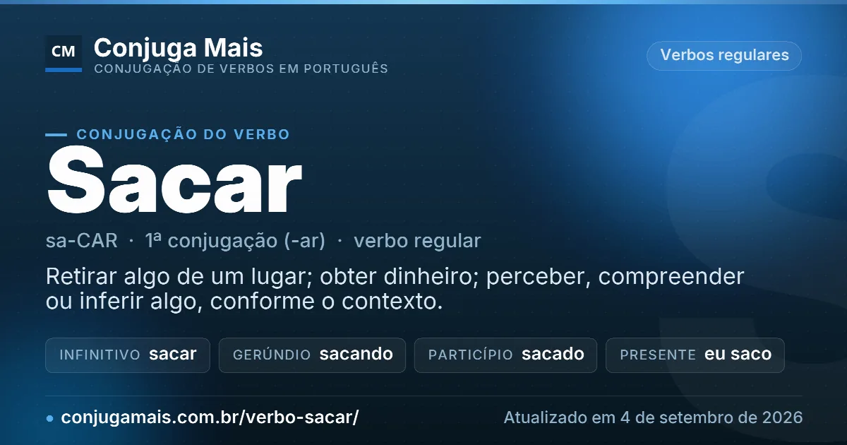Cartão do verbo sacar com definição, formas principais, endereço da página e data de atualização.