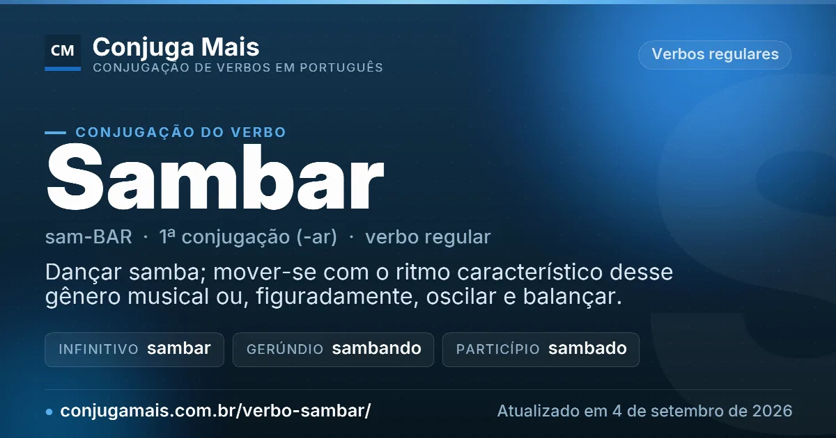Cartão do verbo sambar com definição, formas principais, endereço da página e data de atualização.