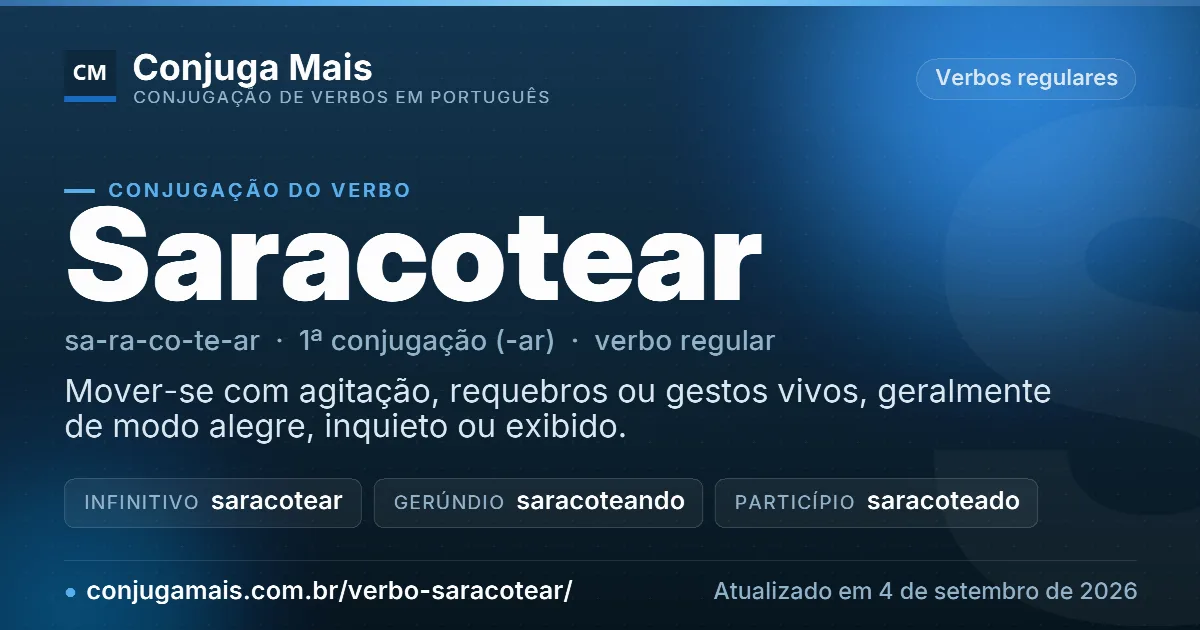 Cartão do verbo saracotear com definição, formas principais, endereço da página e data de atualização.