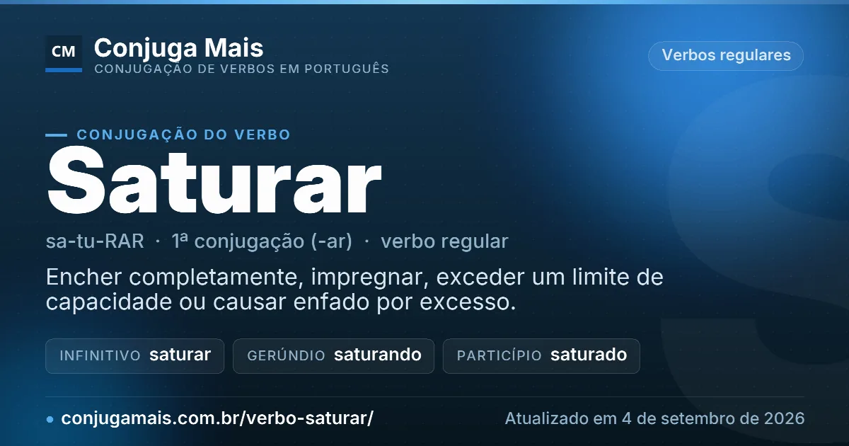 Cartão do verbo saturar com definição, formas principais, endereço da página e data de atualização.