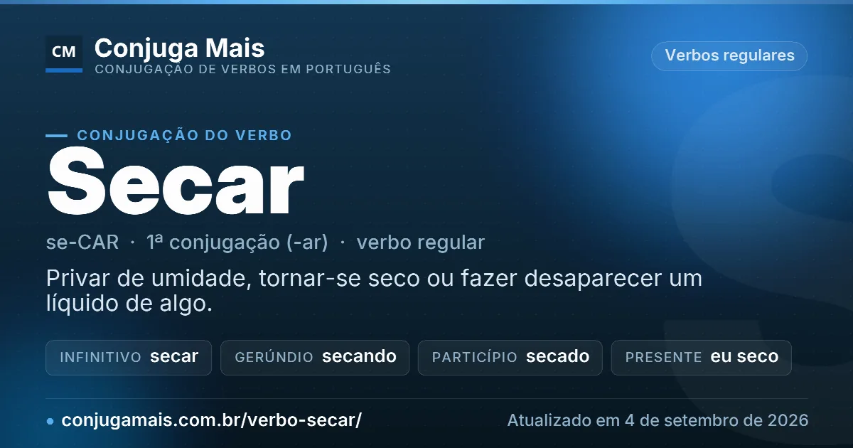 Cartão do verbo secar com definição, formas principais, endereço da página e data de atualização.