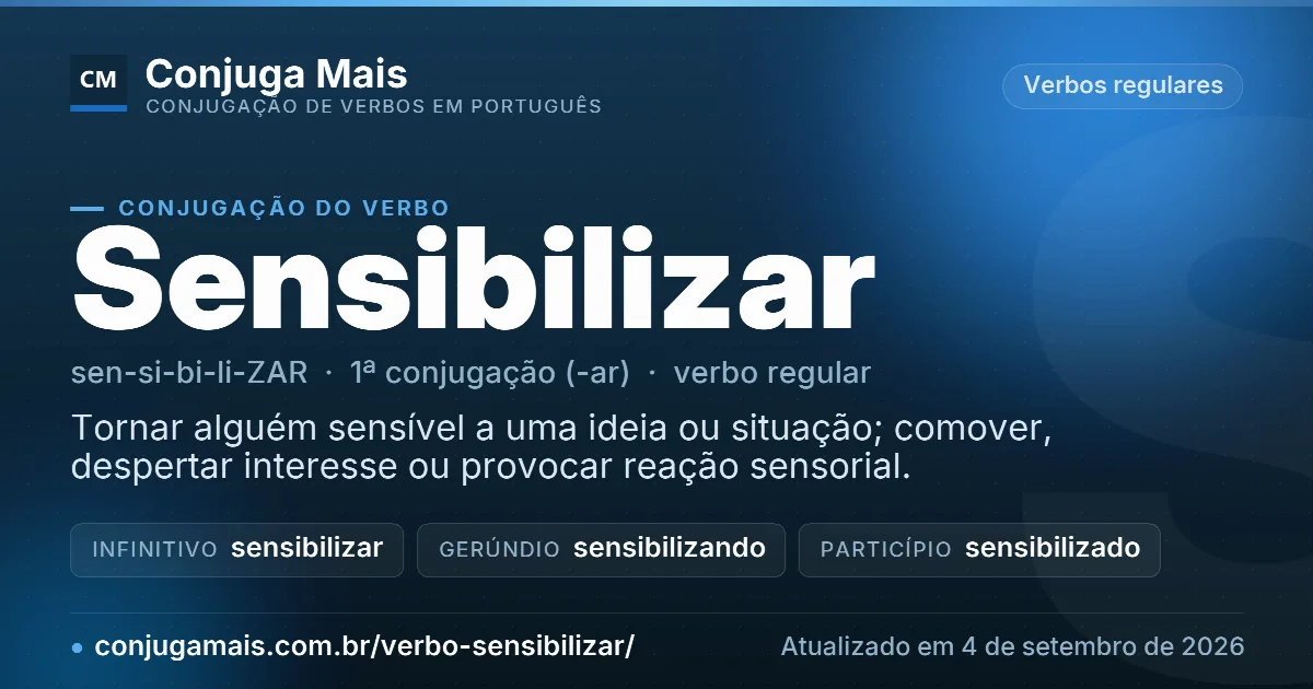 Cartão do verbo sensibilizar com definição, formas principais, endereço da página e data de atualização.