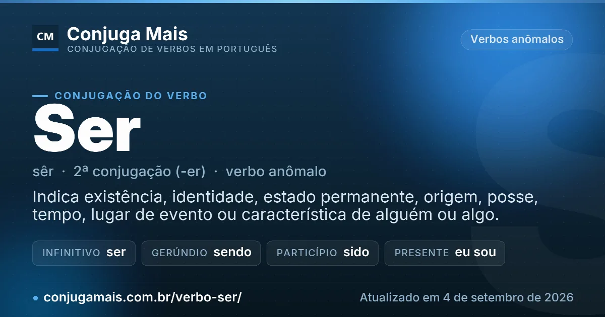 Cartão do verbo ser com definição, formas principais, endereço da página e data de atualização.
