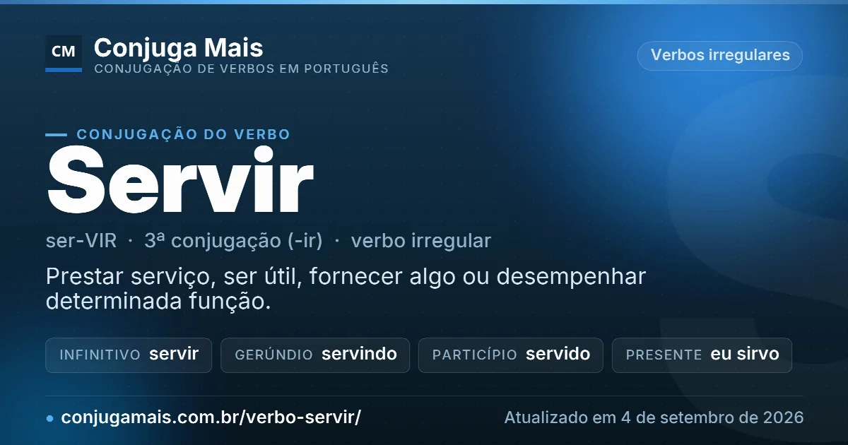 Cartão do verbo servir com definição, formas principais, endereço da página e data de atualização.