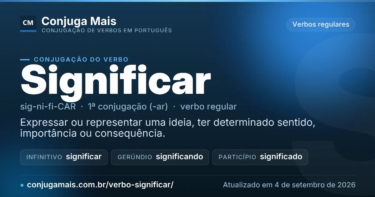 Cartão do verbo significar com definição, formas principais, endereço da página e data de atualização.