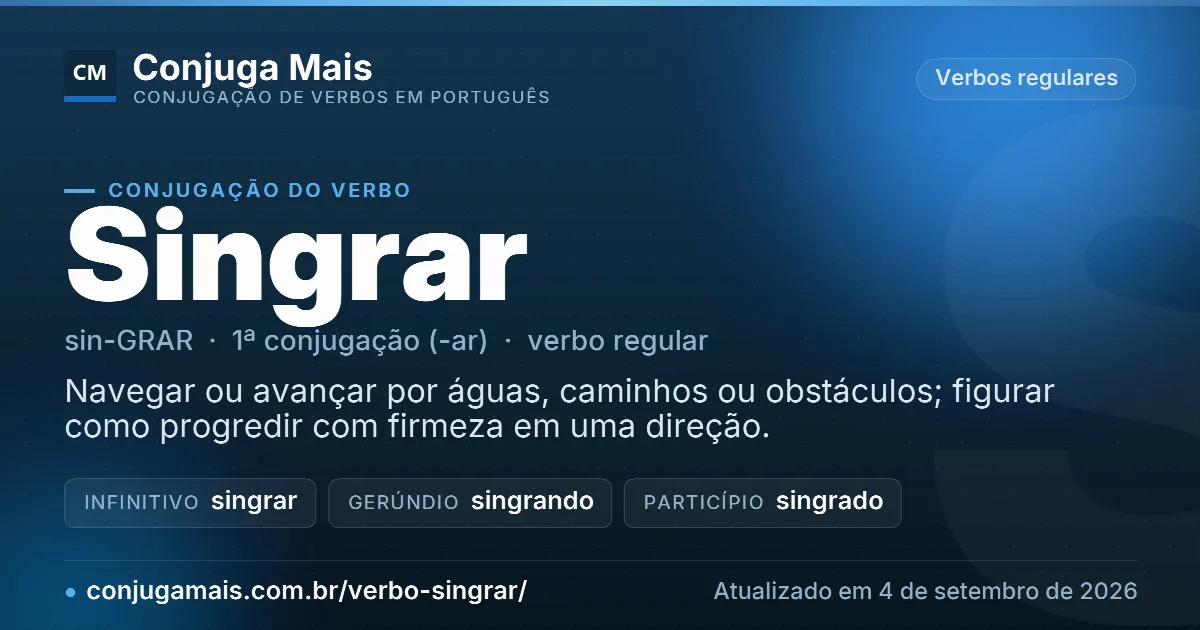 Cartão do verbo singrar com definição, formas principais, endereço da página e data de atualização.