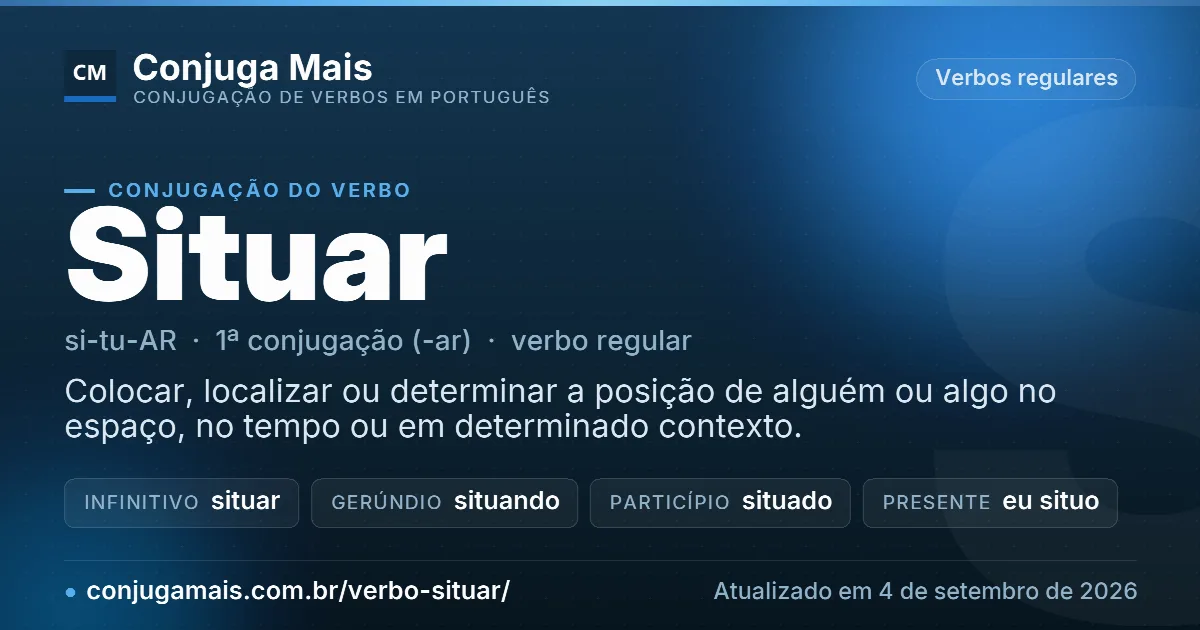 Cartão do verbo situar com definição, formas principais, endereço da página e data de atualização.