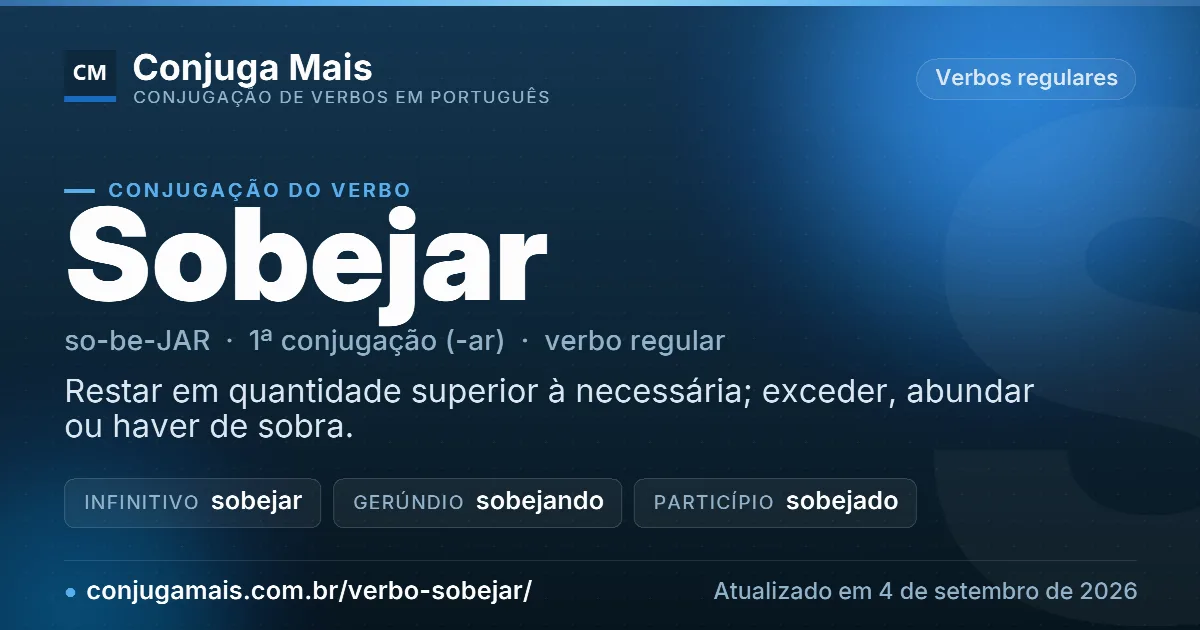 Cartão do verbo sobejar com definição, formas principais, endereço da página e data de atualização.