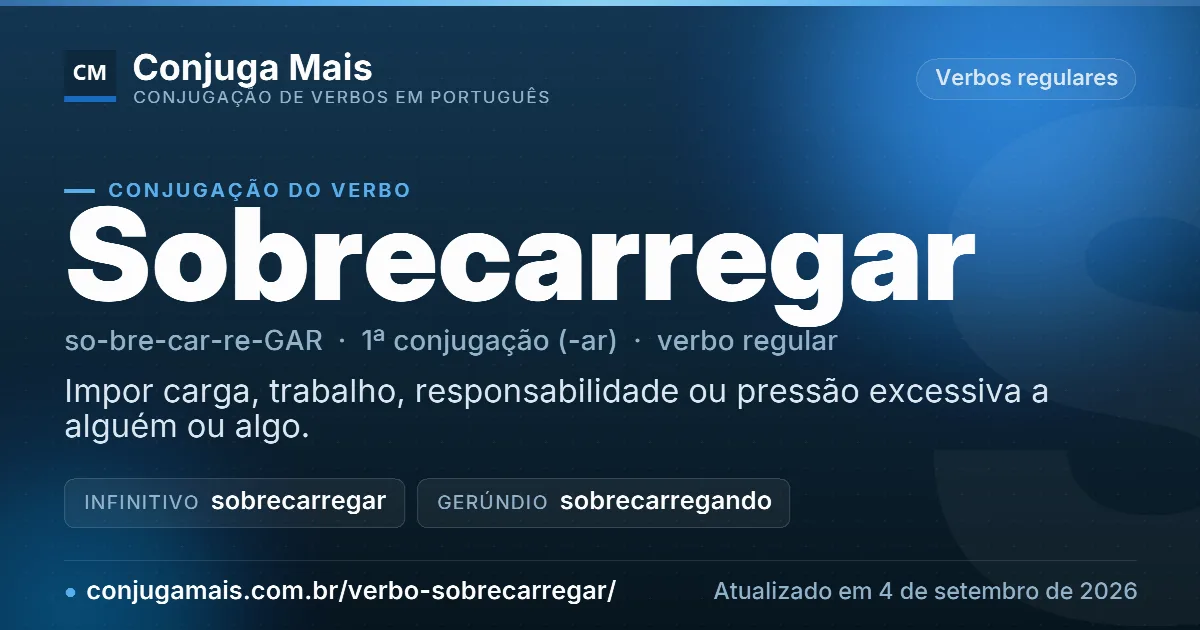 Cartão do verbo sobrecarregar com definição, formas principais, endereço da página e data de atualização.