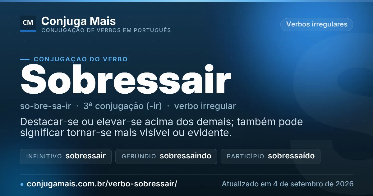 Cartão do verbo sobressair com definição, formas principais, endereço da página e data de atualização.