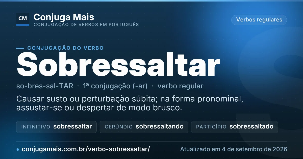 Cartão do verbo sobressaltar com definição, formas principais, endereço da página e data de atualização.
