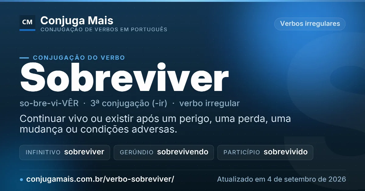 Cartão do verbo sobreviver com definição, formas principais, endereço da página e data de atualização.