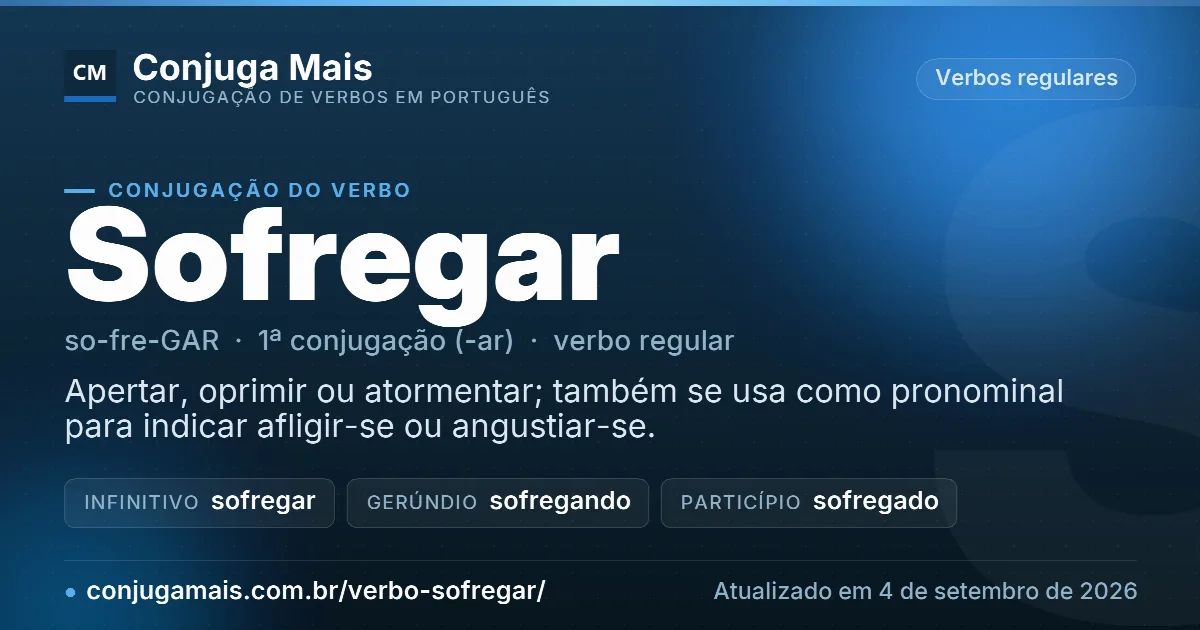 Cartão do verbo sofregar com definição, formas principais, endereço da página e data de atualização.