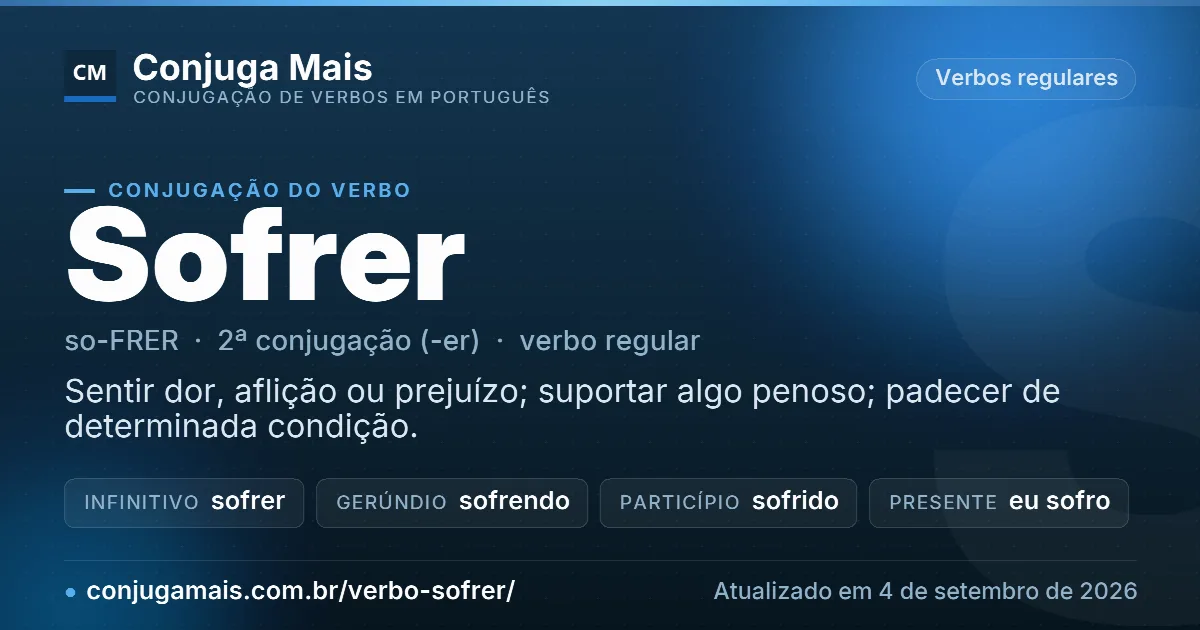 Cartão do verbo sofrer com definição, formas principais, endereço da página e data de atualização.