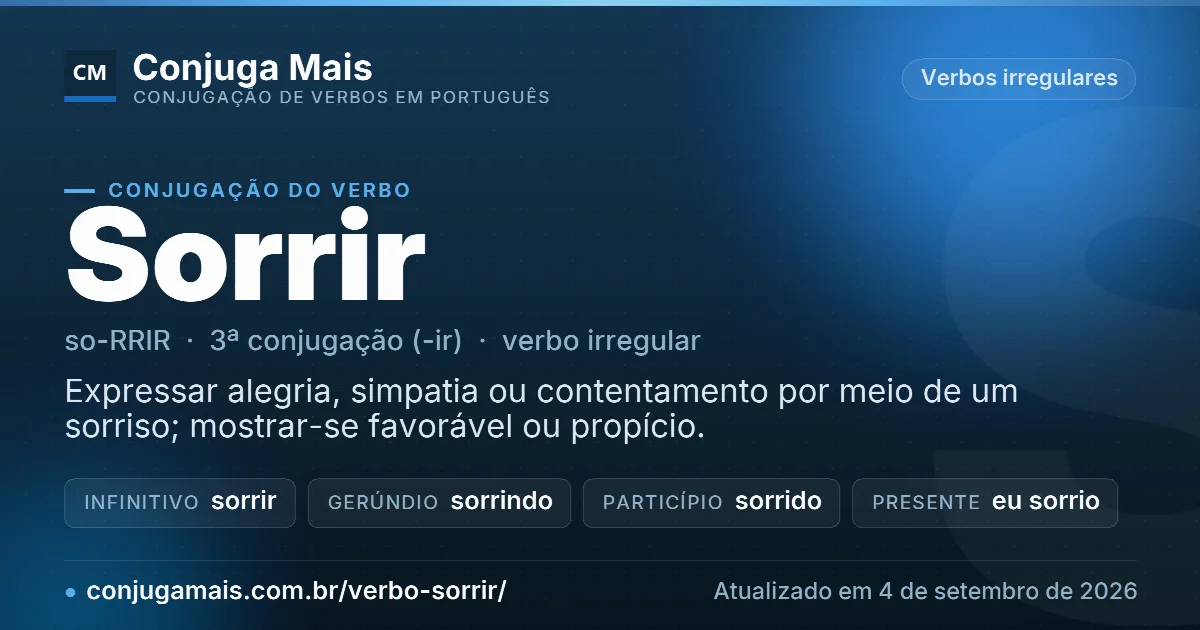 Cartão do verbo sorrir com definição, formas principais, endereço da página e data de atualização.