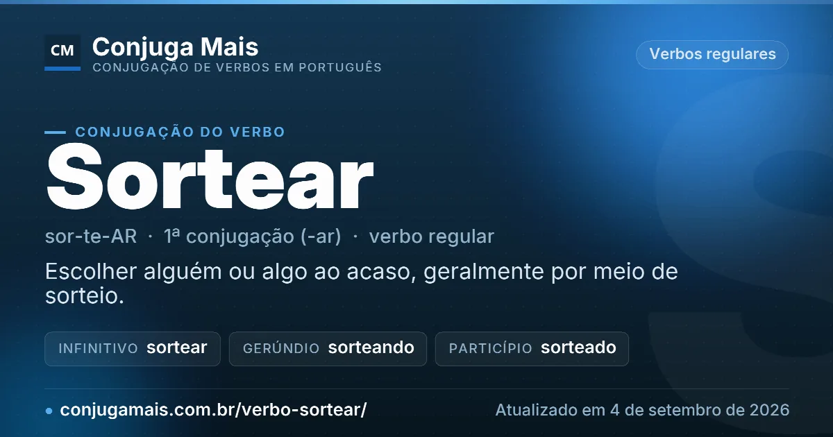Cartão do verbo sortear com definição, formas principais, endereço da página e data de atualização.