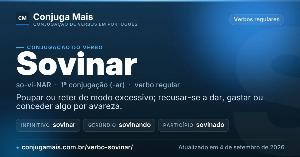Cartão do verbo sovinar com definição, formas principais, endereço da página e data de atualização.