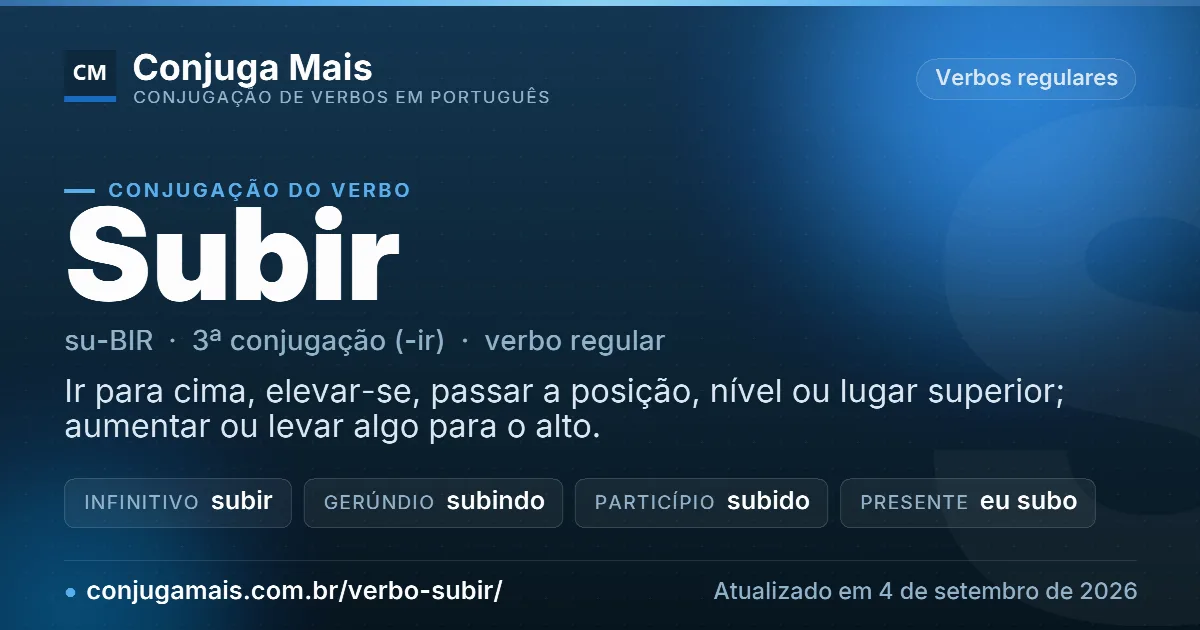 Cartão do verbo subir com definição, formas principais, endereço da página e data de atualização.