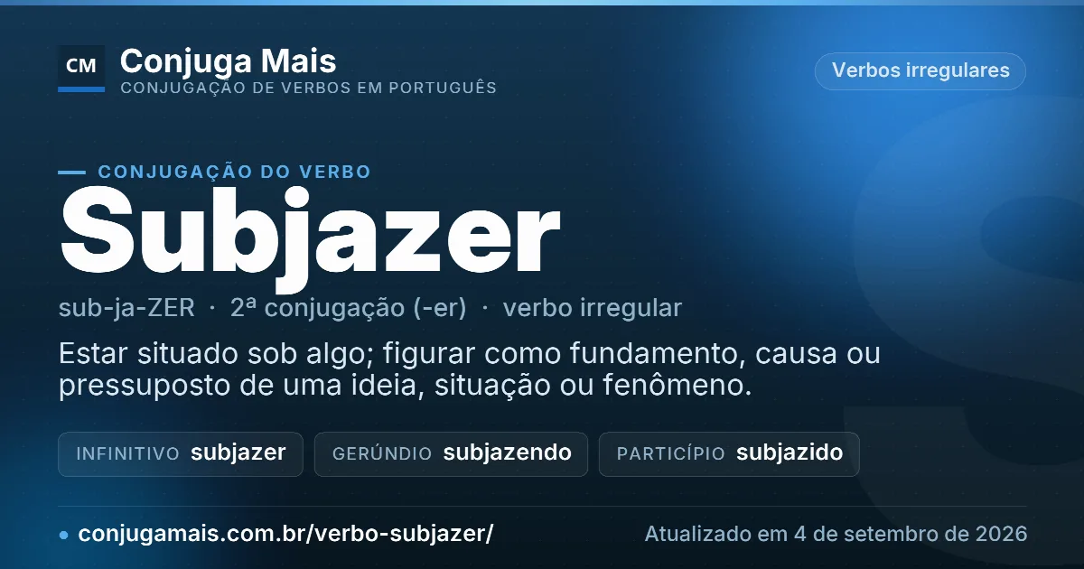 Cartão do verbo subjazer com definição, formas principais, endereço da página e data de atualização.