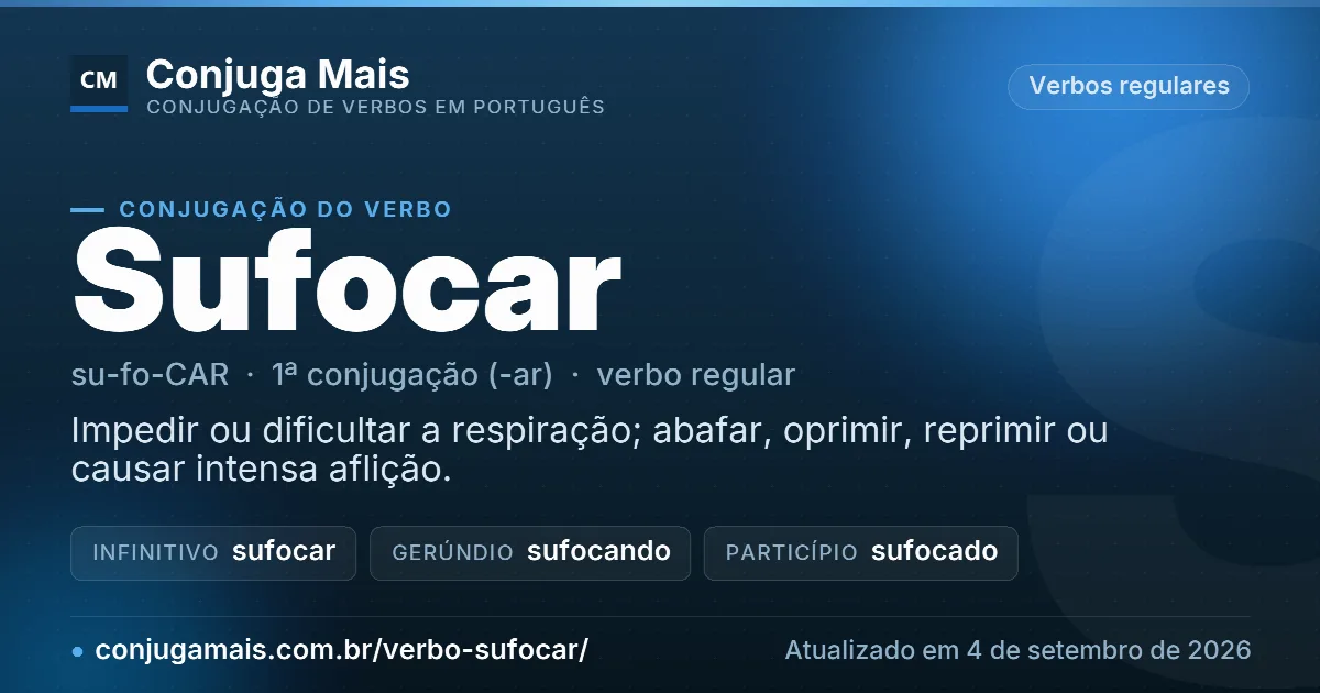 Cartão do verbo sufocar com definição, formas principais, endereço da página e data de atualização.