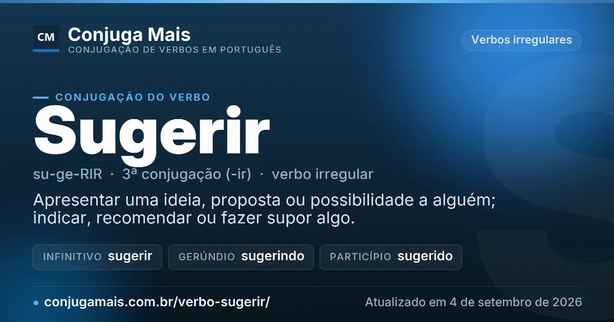 Cartão do verbo sugerir com definição, formas principais, endereço da página e data de atualização.