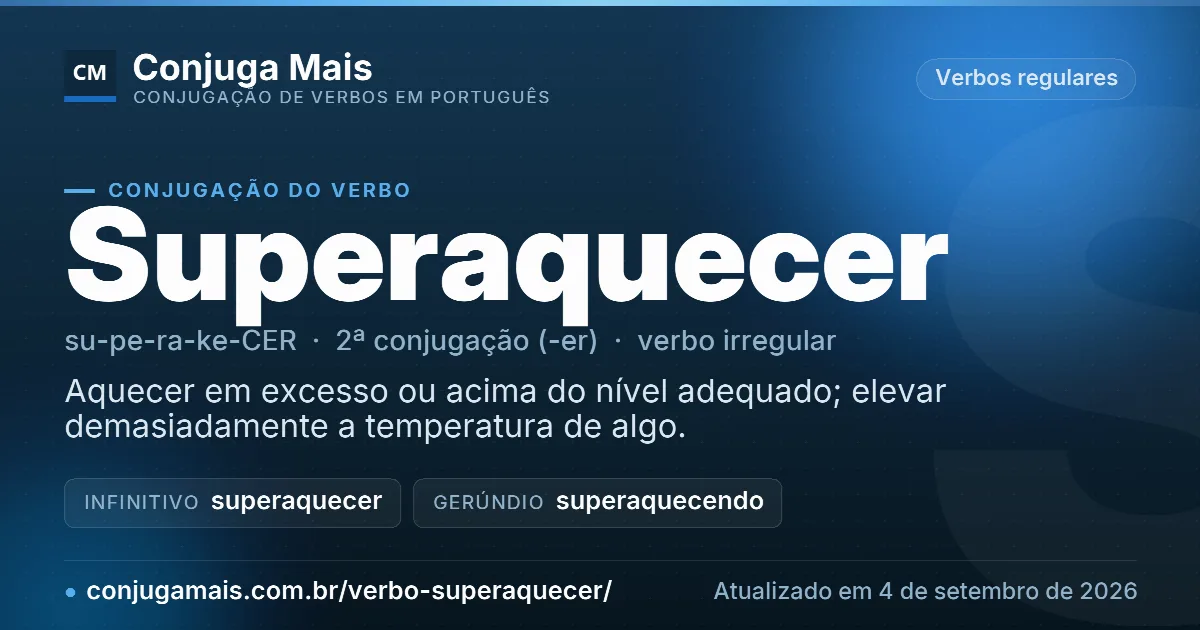 Cartão do verbo superaquecer com definição, formas principais, endereço da página e data de atualização.