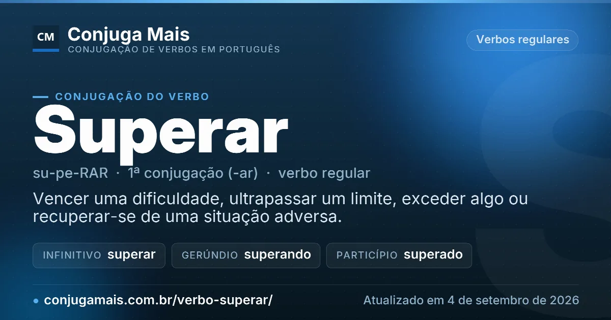 Cartão do verbo superar com definição, formas principais, endereço da página e data de atualização.
