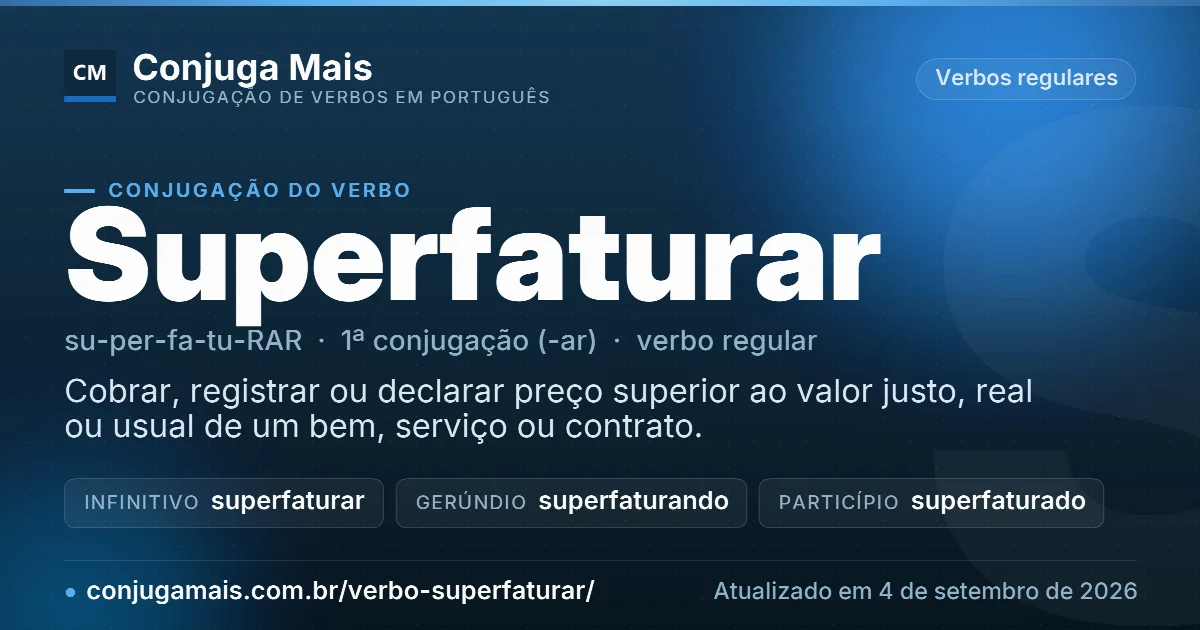 Cartão do verbo superfaturar com definição, formas principais, endereço da página e data de atualização.