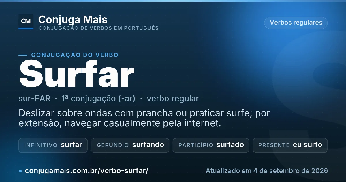 Cartão do verbo surfar com definição, formas principais, endereço da página e data de atualização.