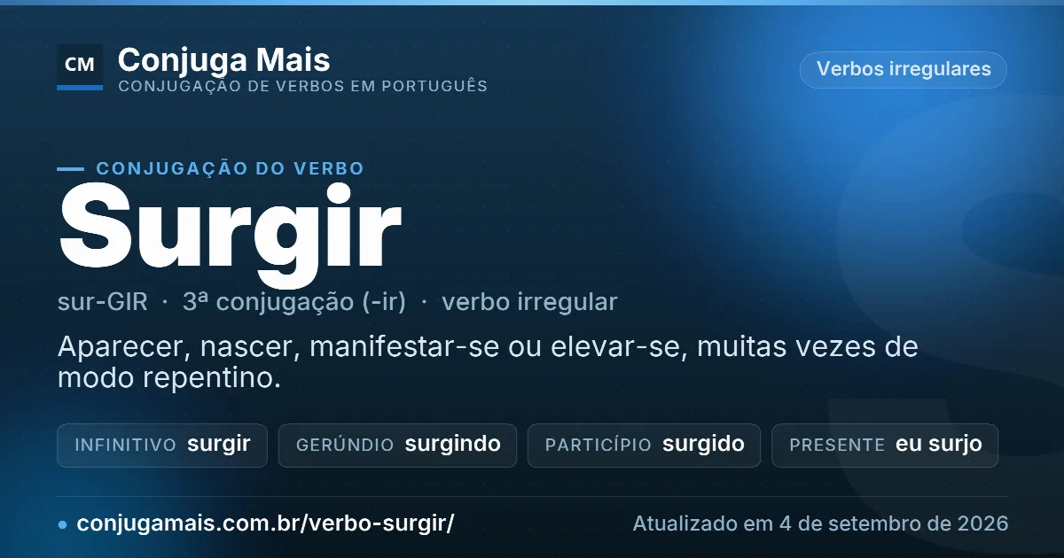 Cartão do verbo surgir com definição, formas principais, endereço da página e data de atualização.