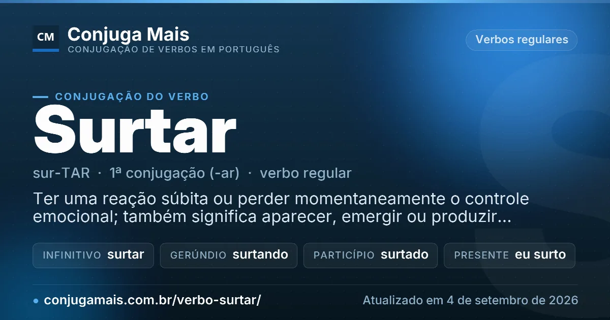 Cartão do verbo surtar com definição, formas principais, endereço da página e data de atualização.