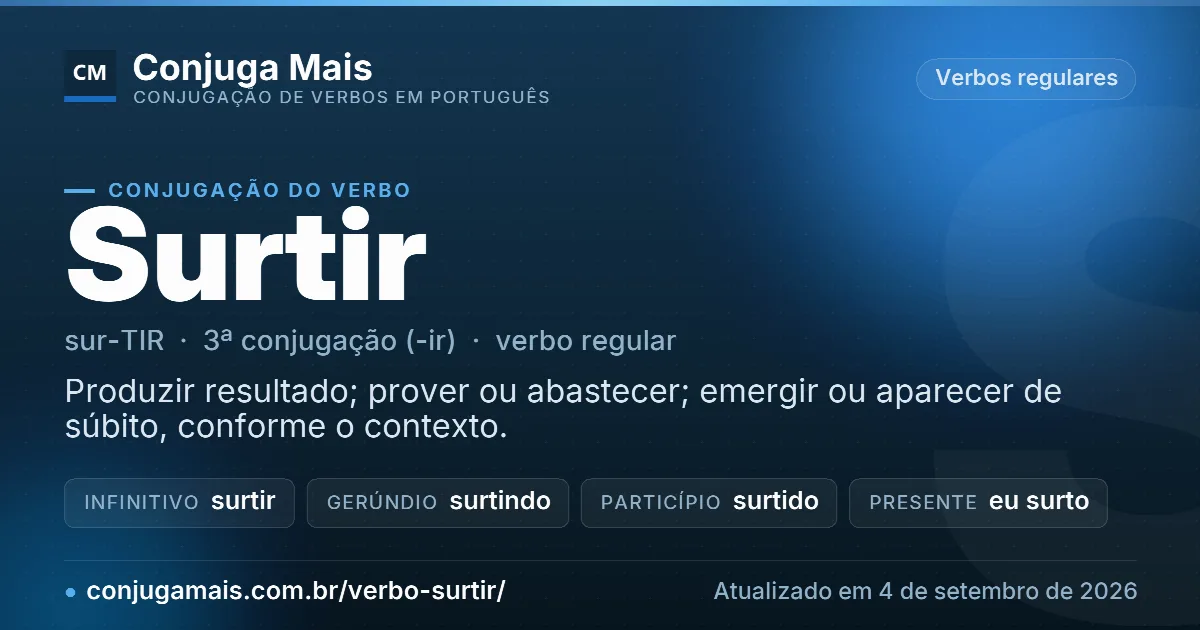 Cartão do verbo surtir com definição, formas principais, endereço da página e data de atualização.