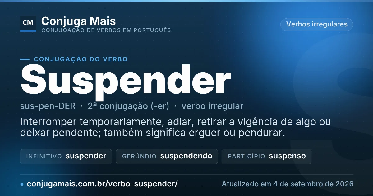 Cartão do verbo suspender com definição, formas principais, endereço da página e data de atualização.