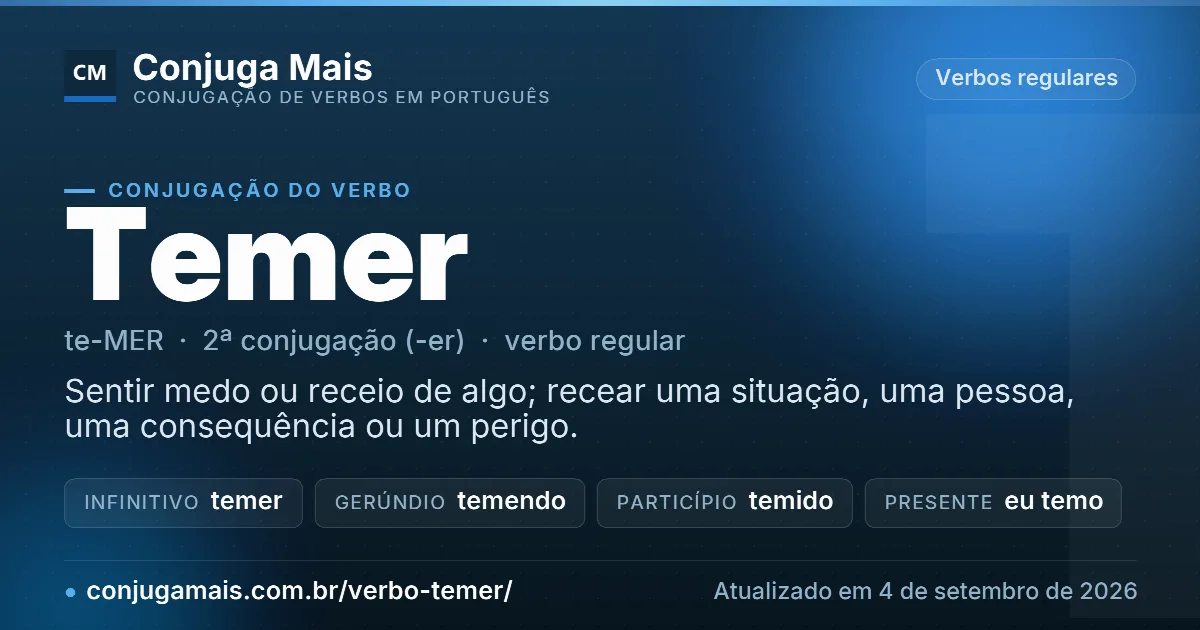 Cartão do verbo temer com definição, formas principais, endereço da página e data de atualização.