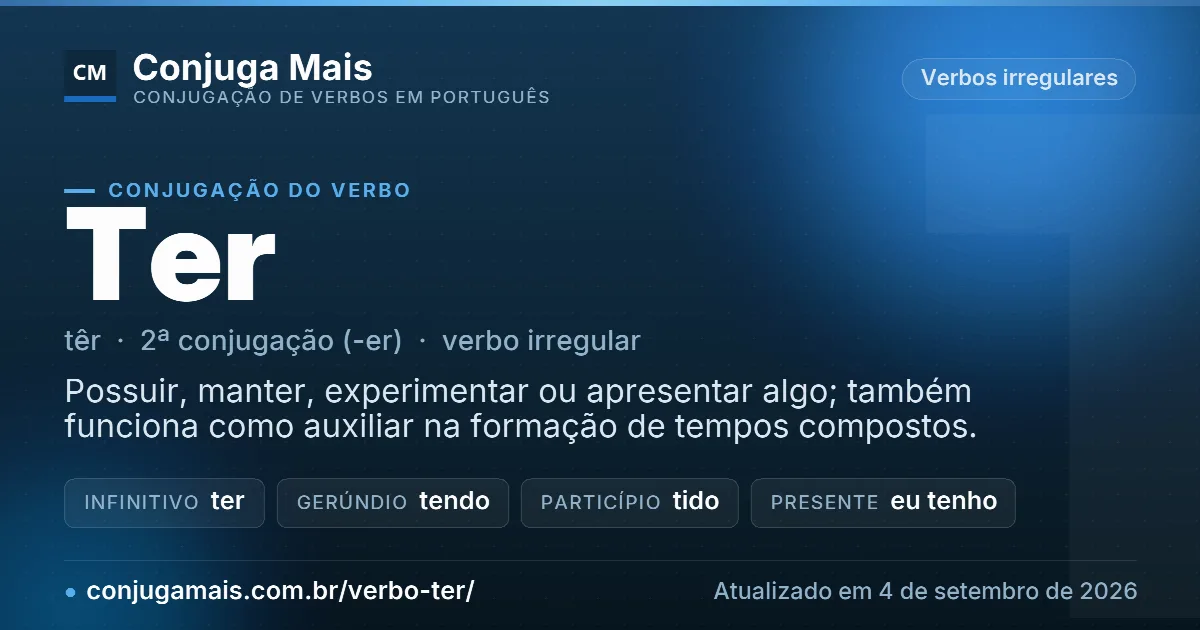 Cartão do verbo ter com definição, formas principais, endereço da página e data de atualização.