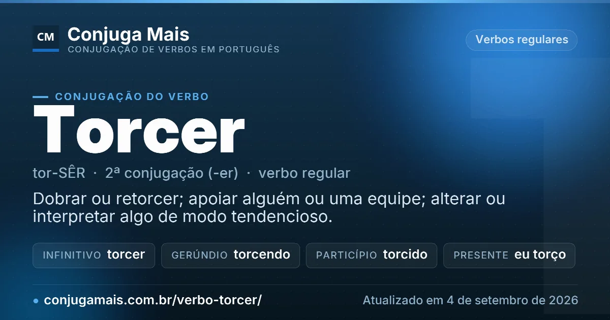 Cartão do verbo torcer com definição, formas principais, endereço da página e data de atualização.