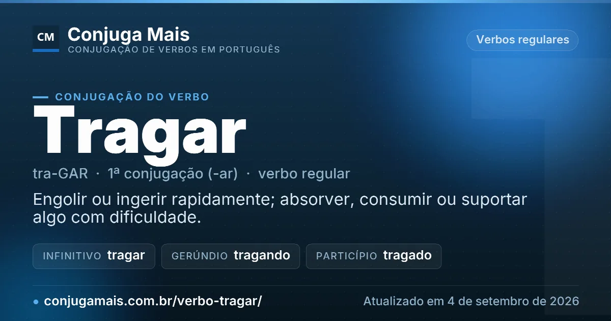 Cartão do verbo tragar com definição, formas principais, endereço da página e data de atualização.