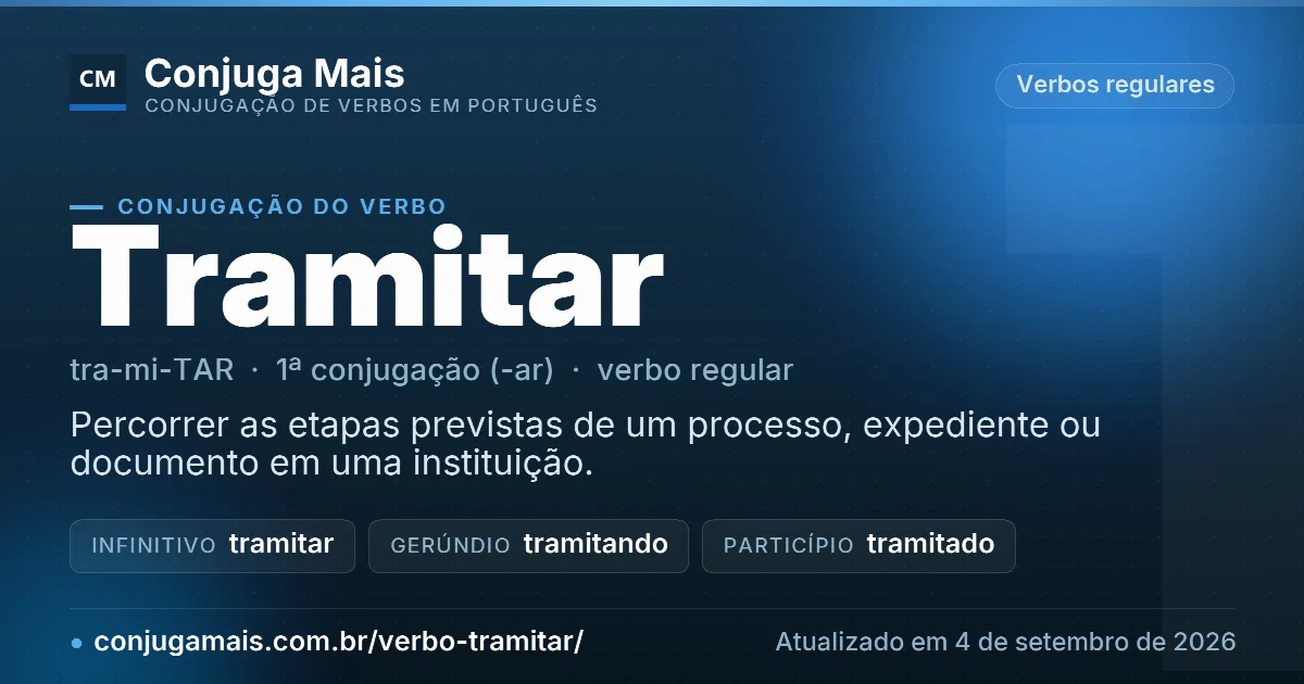 Cartão do verbo tramitar com definição, formas principais, endereço da página e data de atualização.