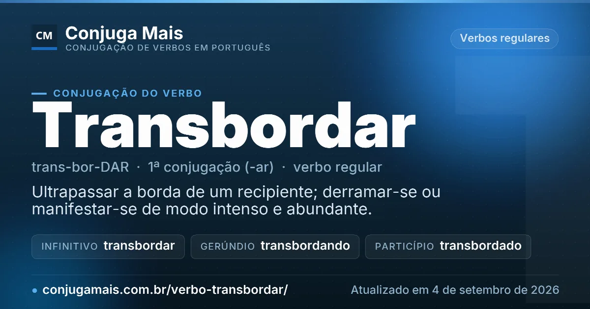Cartão do verbo transbordar com definição, formas principais, endereço da página e data de atualização.