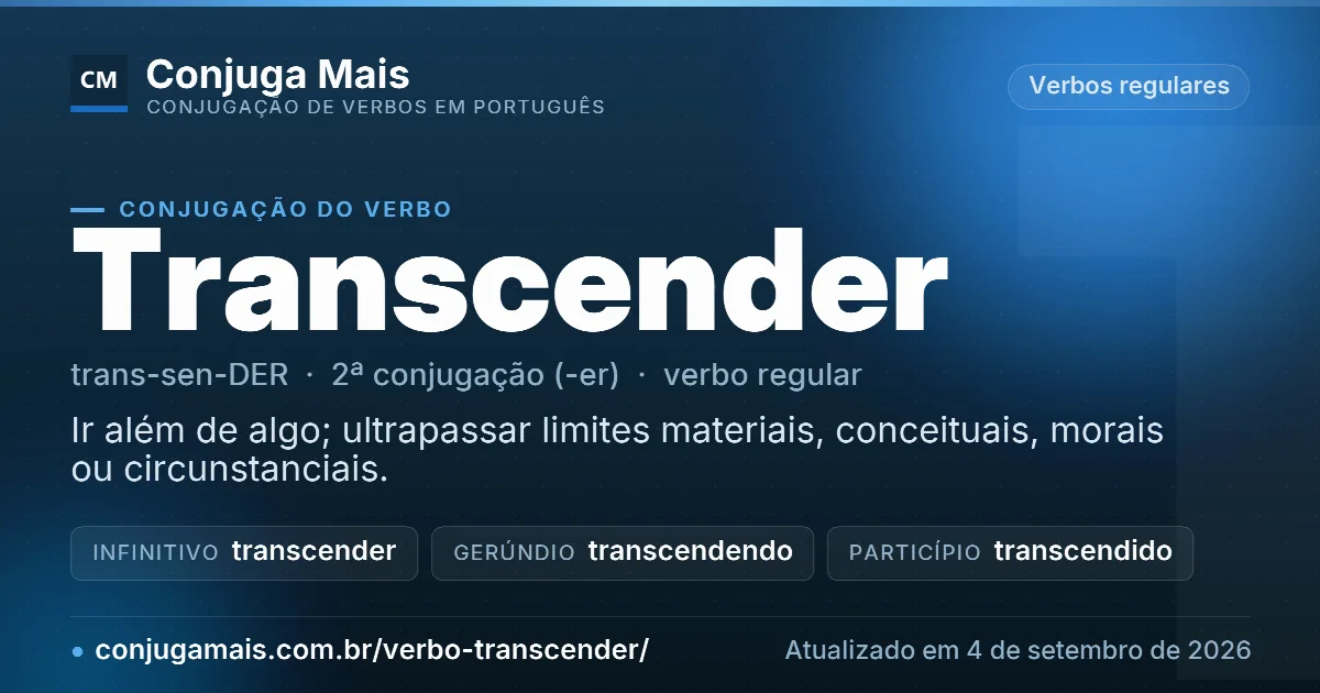 Cartão do verbo transcender com definição, formas principais, endereço da página e data de atualização.
