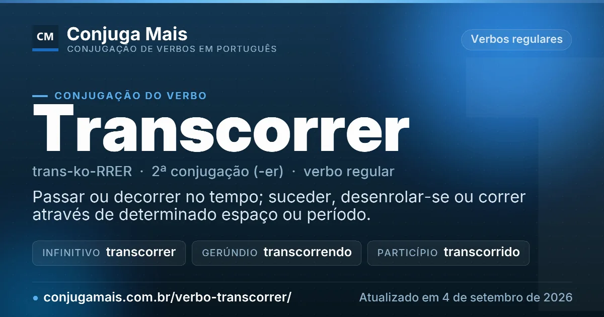 Cartão do verbo transcorrer com definição, formas principais, endereço da página e data de atualização.