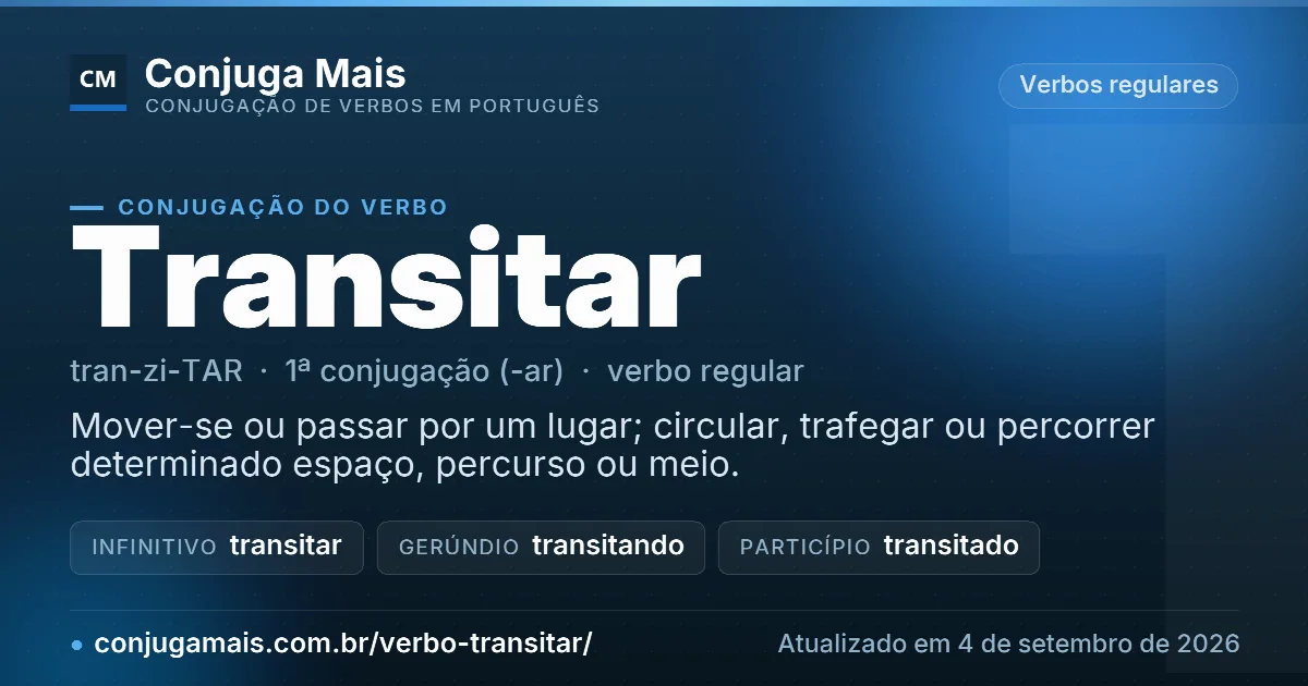 Cartão do verbo transitar com definição, formas principais, endereço da página e data de atualização.