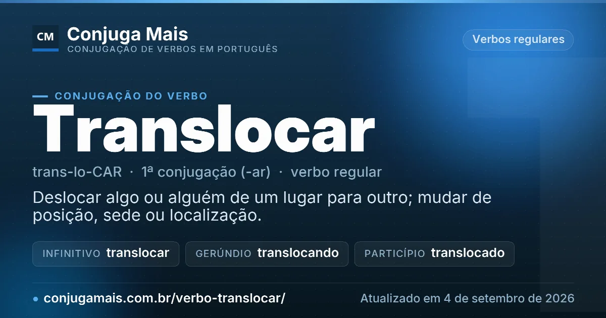 Cartão do verbo translocar com definição, formas principais, endereço da página e data de atualização.