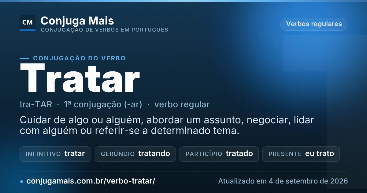 Cartão do verbo tratar com definição, formas principais, endereço da página e data de atualização.