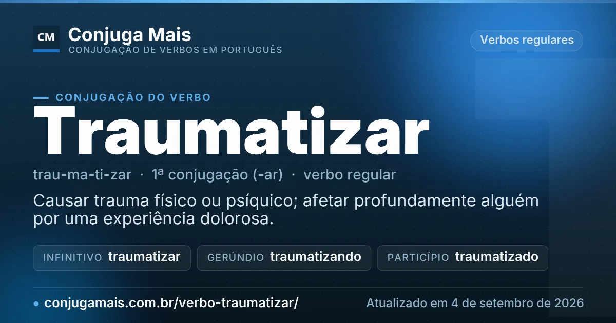 Cartão do verbo traumatizar com definição, formas principais, endereço da página e data de atualização.