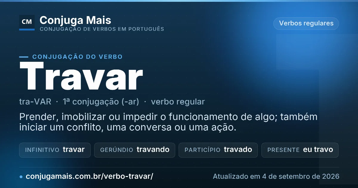 Cartão do verbo travar com definição, formas principais, endereço da página e data de atualização.